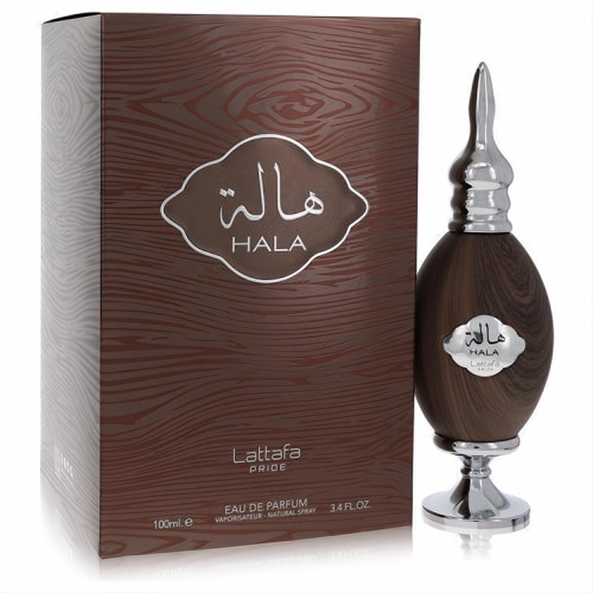 Lattafa Pride Hala Silver 3.4 oz EDP. Exquisite brown wood-textured bottle, striking silver pointed cap and base.