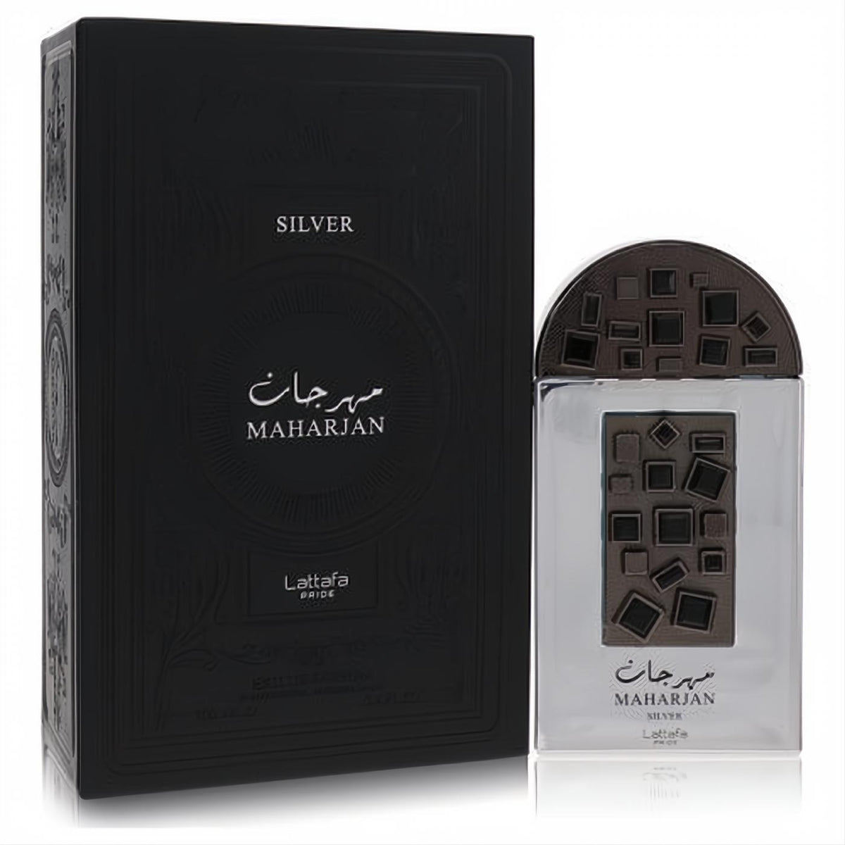 Lattafa Pride Maharjan Silver 3.4 oz unisex EDP. Luxurious silver bottle with distinctive brown geometric cap and matching black box.