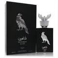 Lattafa Pride Shaheen Silver 3.4 oz unisex EDP. Elegant black bottle with a majestic silver falcon emblem and winged cap.