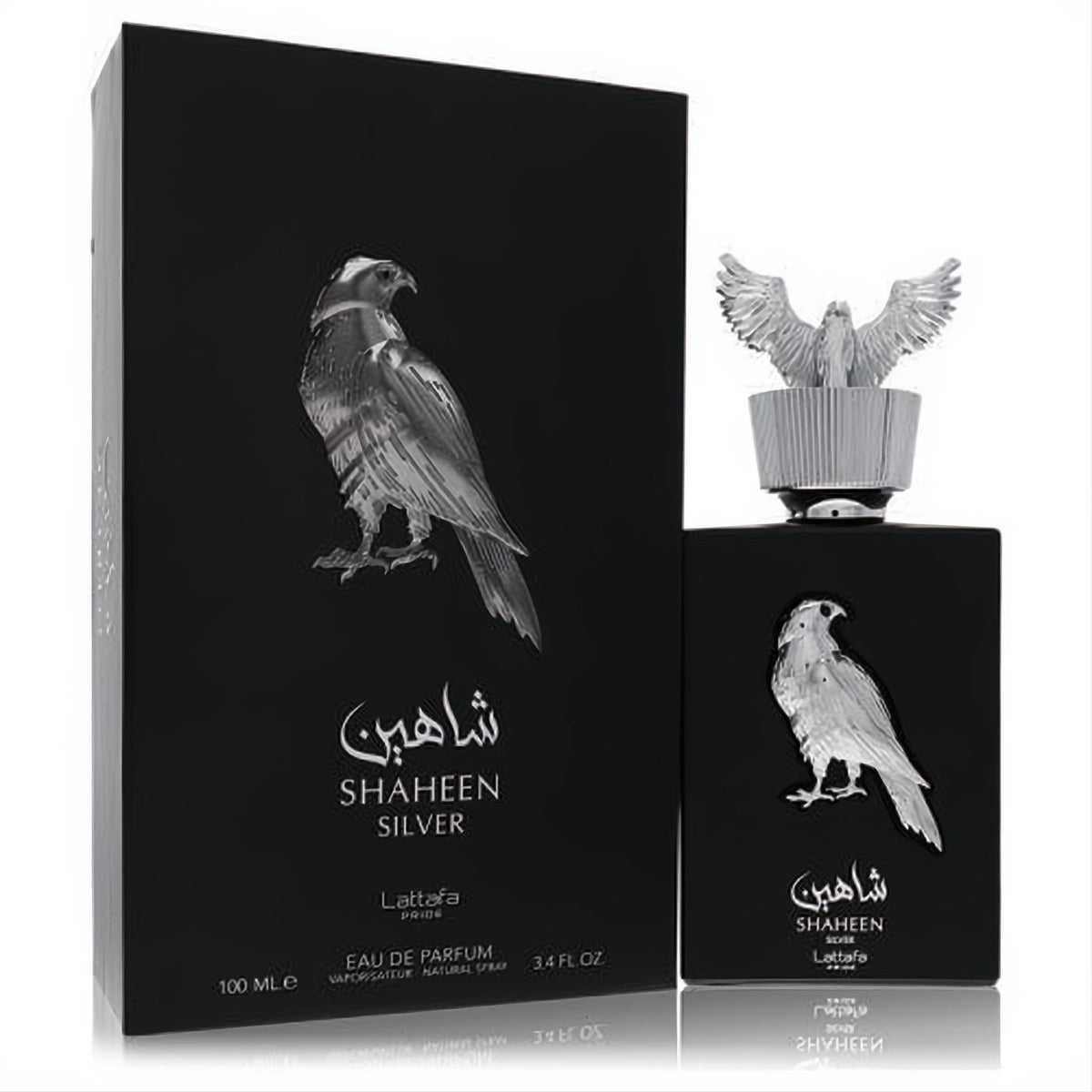 Lattafa Pride Shaheen Silver 3.4 oz unisex EDP. Elegant black bottle with a majestic silver falcon emblem and winged cap.
