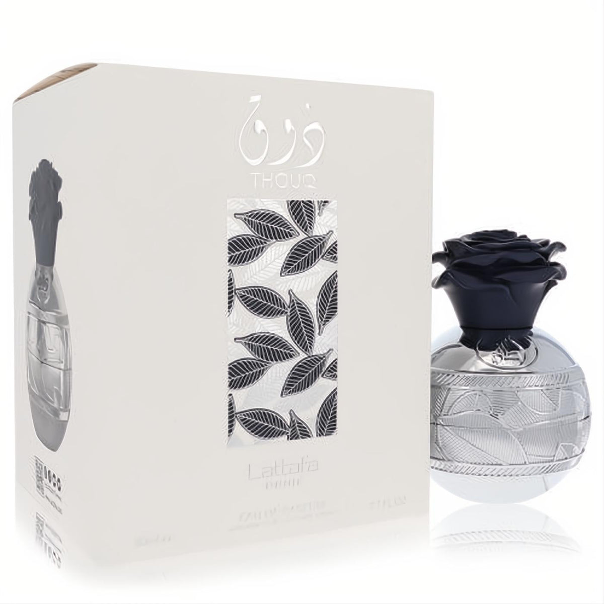 Lattafa Pride Thouq 2.7 oz unisex EDP. Elegant silver bottle with embossed leaf design, black rose cap, and matching white box.
