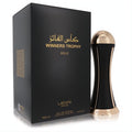 Elegant Lattafa Pride Winners Trophy Gold 3.4 oz perfume: sleek black bottle with luxurious gold cap and base, beside its matching black and gold box.