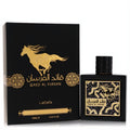 Bold Lattafa Qaed Al Fursan 3 oz Eau De Parfum spray. Black bottle with gold horse emblem, elegant matching black and gold box.