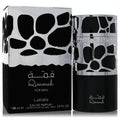 Lattafa Qimmah men's 3.4 oz Eau De Parfum. Sleek black bottle with captivating silver organic design and matching box.
