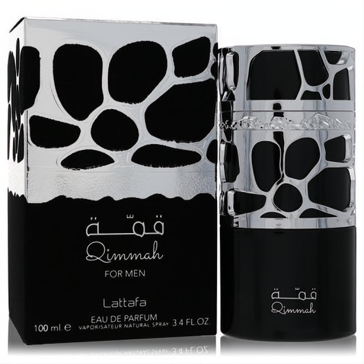 Lattafa Qimmah men's 3.4 oz Eau De Parfum. Sleek black bottle with captivating silver organic design and matching box.