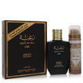 Discover Lattafa Raghba Man: a striking black 3.4 oz EDP with gold cap, 1.7 oz deodorant, and elegant gold-patterned box.