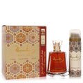 Lattafa Raghba men's fragrance gift set: 100ml amber EDP bottle, matching gold ornate deodorant, and elegant box.