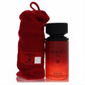 Vibrant Lattafa Rave Nardo Red 3.4 oz unisex EDP spray bottle with sleek black cap and luxurious red drawstring pouch.