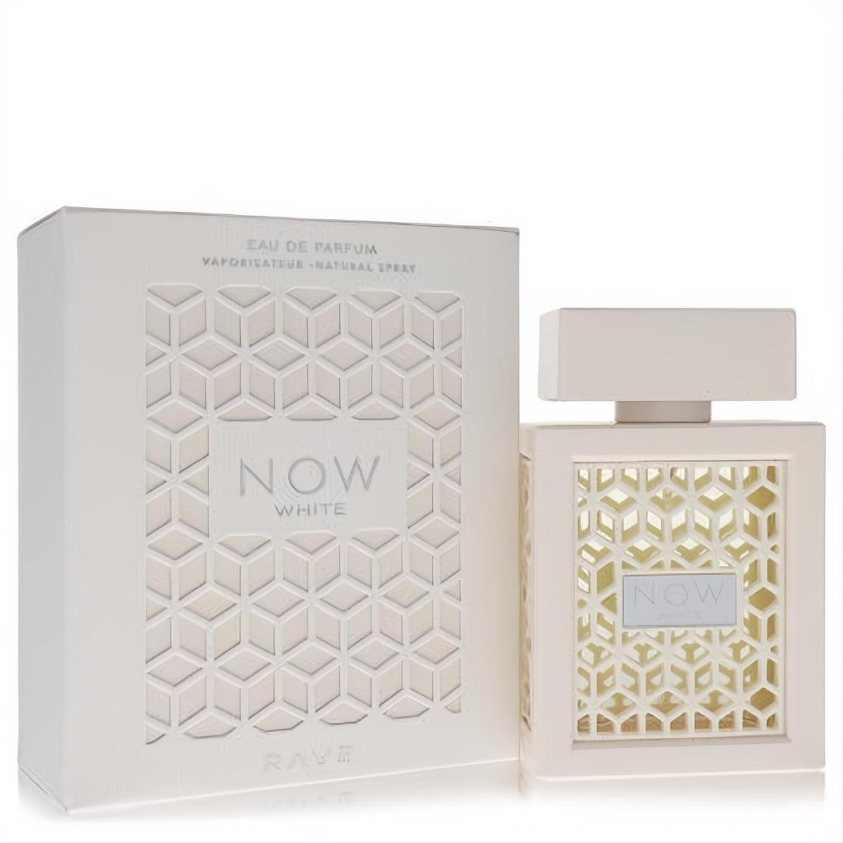Lattafa Rave Now White 3.4 oz EDP. Elegant white bottle and box with modern geometric cutout design, showcasing 'NOW WHITE'.