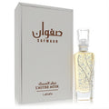 Captivating Lattafa Safwaan L'autre Musk unisex EDP. Clear bottle with unique silver leaf design, elegant white box.