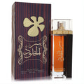 Striking Lattafa Ser Al Khulood 3.4 oz unisex EDP. Amber glass bottle with gold Arabic script, clear cap, and luxurious striped box.