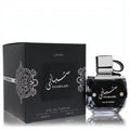 Lattafa Shabaabi unisex Eau De Parfum. Elegant black 3.4 oz bottle with silver cap, beside its luxurious black patterned box.