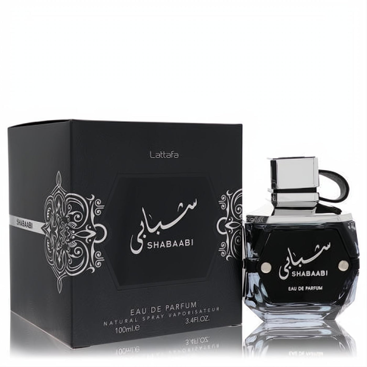 Lattafa Shabaabi unisex Eau De Parfum. Elegant black 3.4 oz bottle with silver cap, beside its luxurious black patterned box.