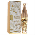 Elegant Lattafa Sondos 3.4 oz women's perfume. Rose gold bottle with unique striped design, paired with a decorative gold and white bird-art box.
