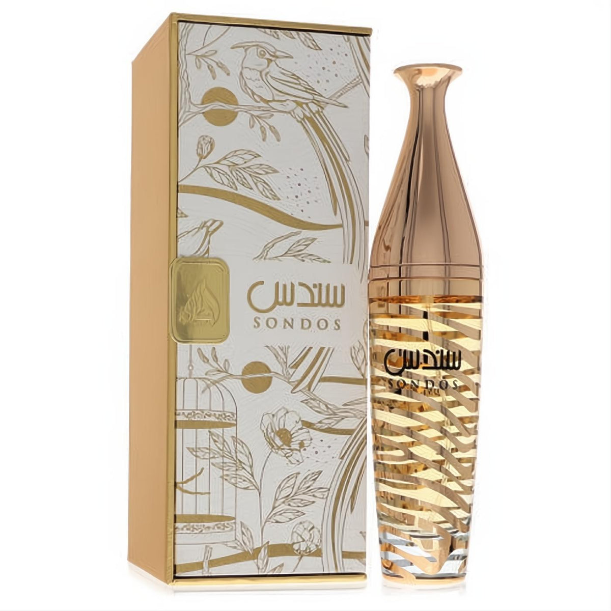 Elegant Lattafa Sondos 3.4 oz women's perfume. Rose gold bottle with unique striped design, paired with a decorative gold and white bird-art box.