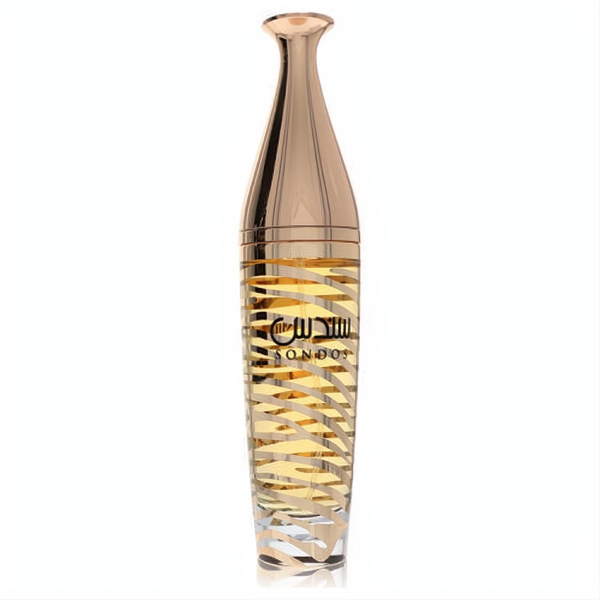 Lattafa Sondos women's EDP in a stunning bottle with a radiant gold metallic top and clear glass body featuring elegant gold stripes.