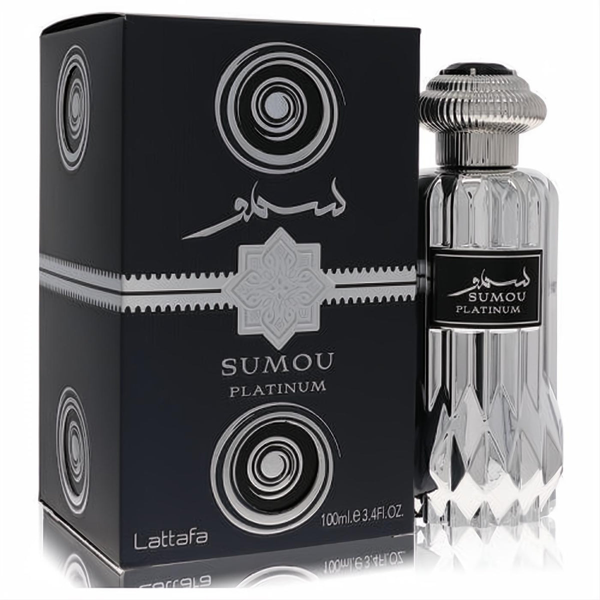 Lattafa Sumou Platinum 3.4 oz unisex Eau De Parfum. Elegant black box and stunning silver faceted bottle.