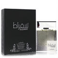 Lattafa Suqraat 3.4 oz men's EDP. Elegant black box, clear bottle with unique textured design and sleek silver cap.