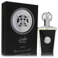 Lattafa Taweel 3.4 oz unisex EDP spray. Features a sleek black textured bottle with a majestic silver deer cap and matching emblem box.