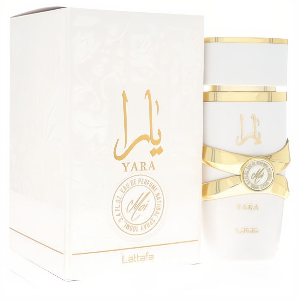 Luxurious Lattafa Yara Moi 3.4 oz EDP. White bottle with gold Arabic script, elegant ribbon detail, and matching box.