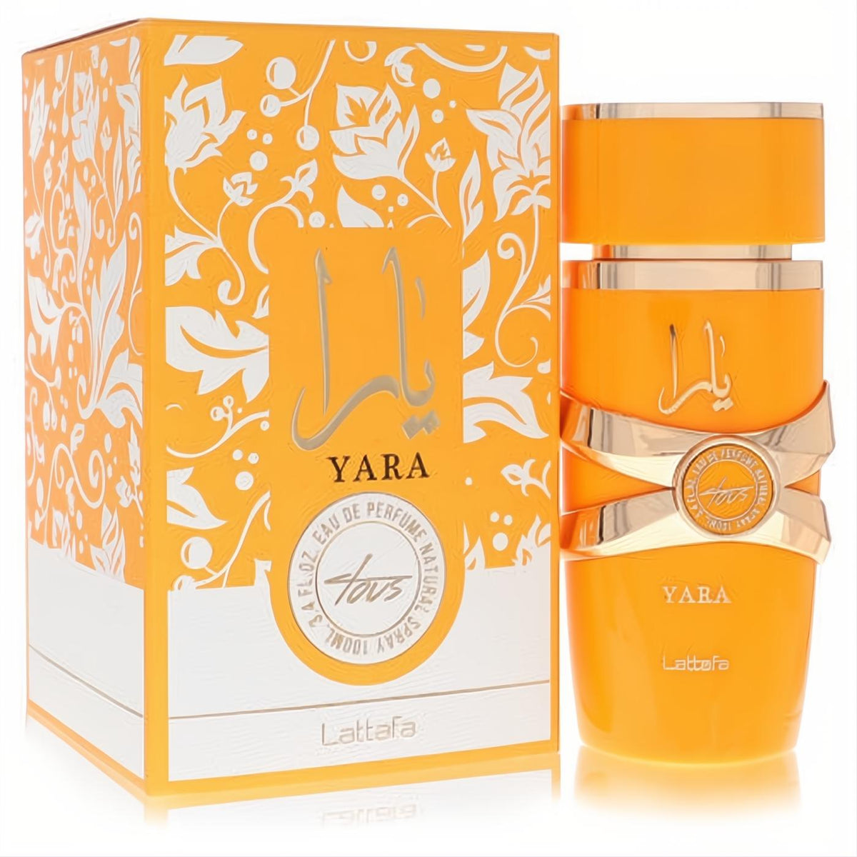 Vibrant Lattafa Yara Tous 3.4 oz EDP spray in an orange bottle with a distinctive gold ribbon and matching floral box.