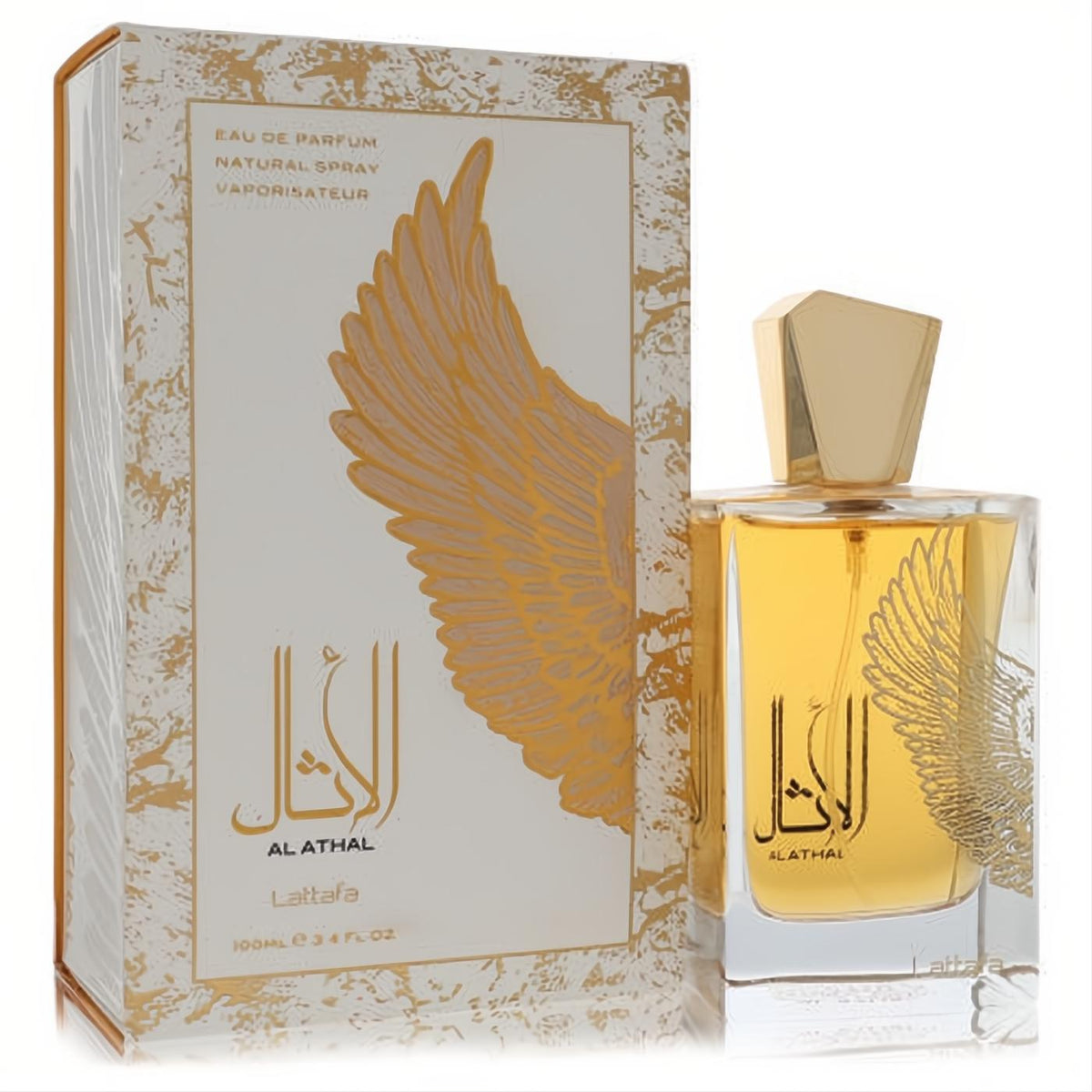 Lattfa Al Athal 3.4 oz unisex EDP. Luxurious clear bottle with golden liquid, elegant gold cap, and unique wing design on white box.