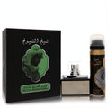 Lattafa Sheikh Al Shuyukh men's EDP and deodorant gift set. Elegant black box, sleek black & silver perfume, gold spray.