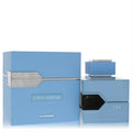 Elegant L'aventure Ciel by Al Haramain 3.3 oz Extrait De Parfum. Sky blue rectangular bottle and matching box with sleek silver details.