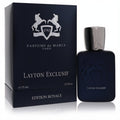 Experience Parfums De Marly Layton Exclusif 2.5 oz men's EDP. Elegant dark blue bottle, silver cap, and iconic horse crest with box.