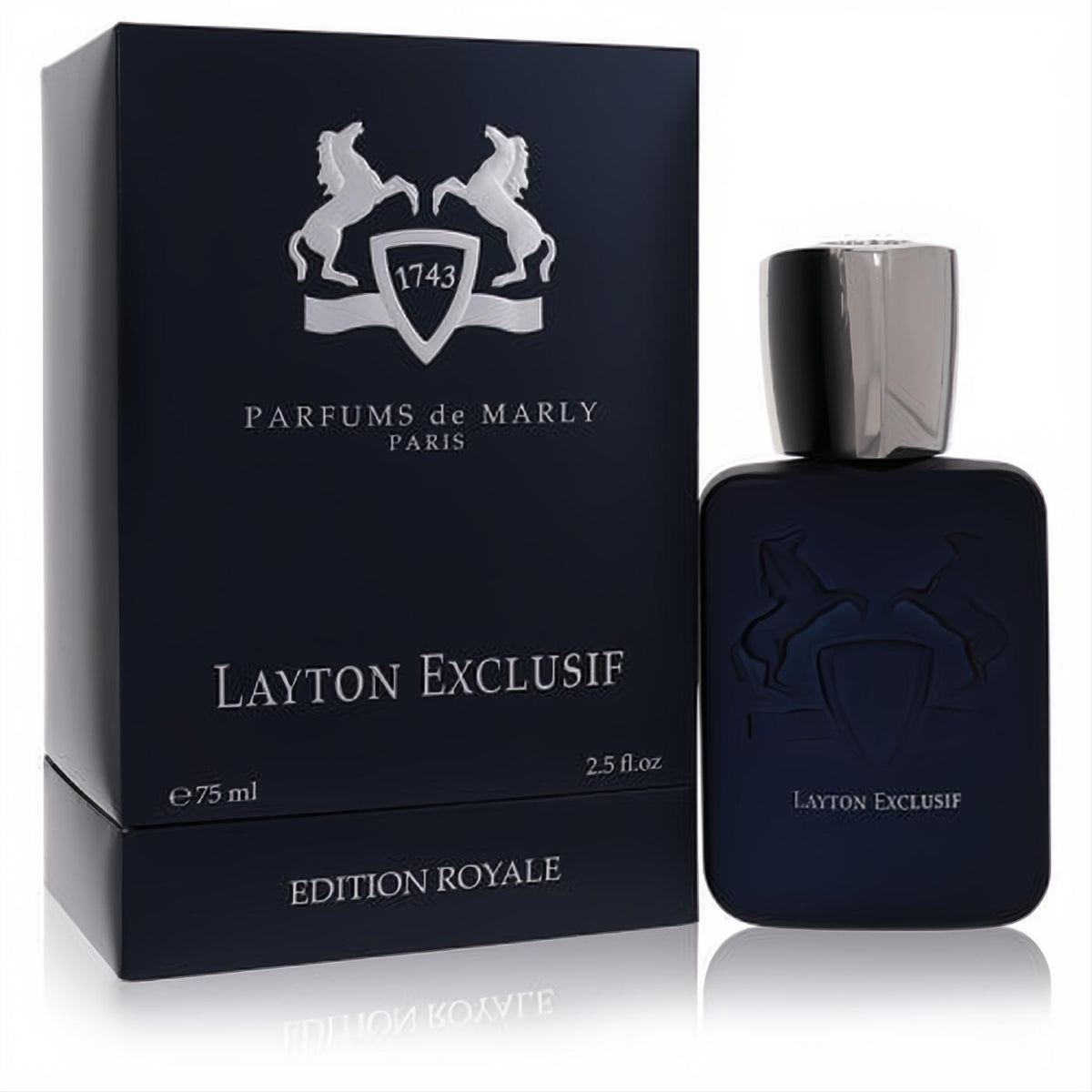 Experience Parfums De Marly Layton Exclusif 2.5 oz men's EDP. Elegant dark blue bottle, silver cap, and iconic horse crest with box.