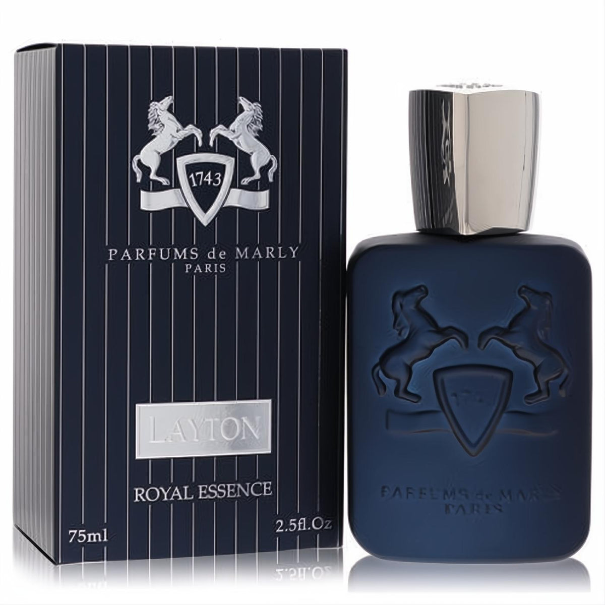 Parfums De Marly Layton Royal Essence 2.5 oz men's EDP. Sleek dark blue bottle, silver cap, horse emblem, and elegant striped box.