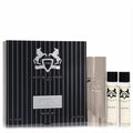 Luxurious Layton Royal Essence Parfums De Marly travel set. Black striped box, silver logo, with one sleek silver and two clear 10ml EDP sprays.