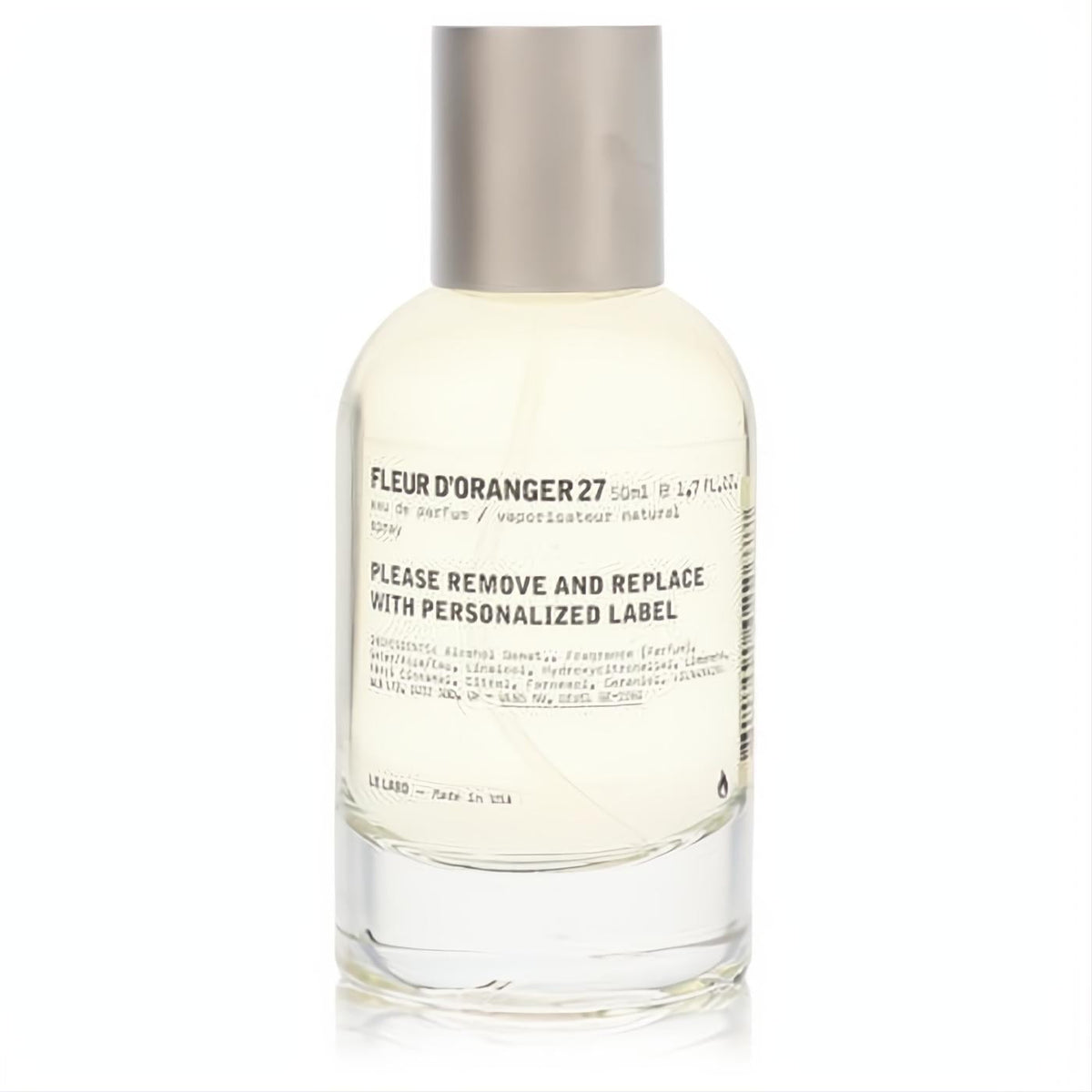 Le Labo Fleur D'oranger 27 EDP 1.7 oz in its iconic clear glass bottle with a sleek silver cap.