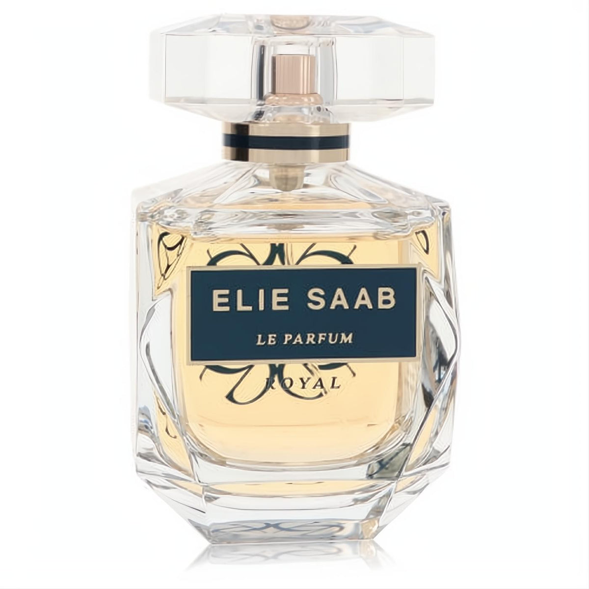 Luxurious Elie Saab Le Parfum Royal women's EDP in a radiant faceted glass bottle with a dark blue and gold label.