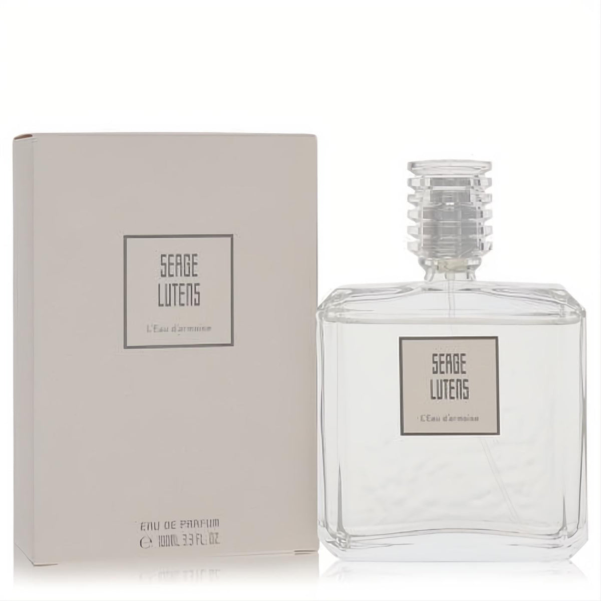 Serge Lutens L'eau D'armoise 3.3 oz unisex EDP spray. Elegant clear glass bottle with ribbed cap and chic light beige box.