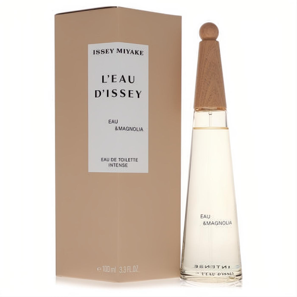 Issey Miyake L'eau D'issey Eau & Magnolia 3.3 oz EDT Intense. Elegant clear conical bottle, natural wood cap, beige box.