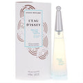 L'Eau D'Issey Reflection In A Drop 1.6oz EDT. Elegant clear teardrop bottle, silver cap, and white box with unique bronze & blue wave art.