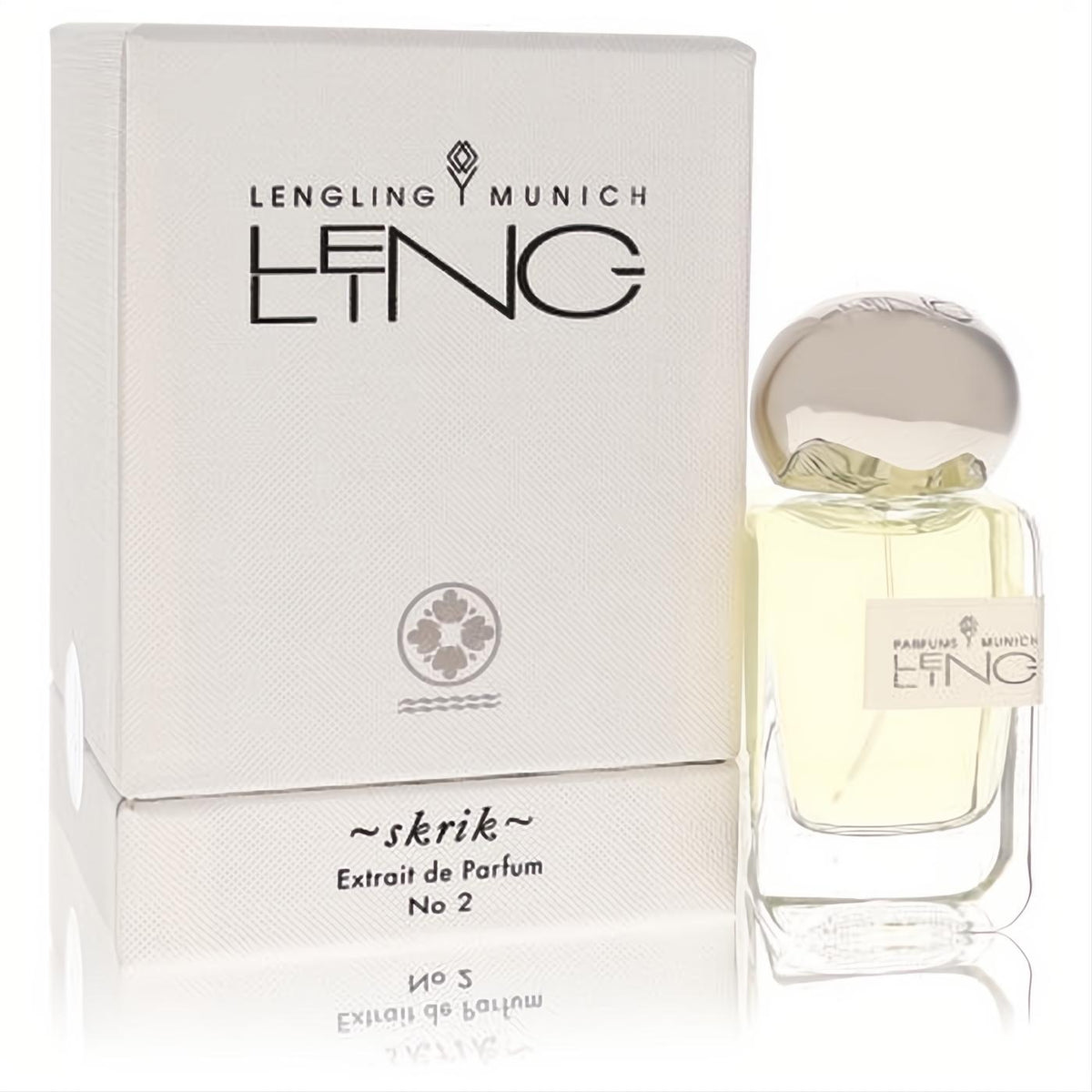 Distinctive Lengling Munich No 2 Skrik Extrait de Parfum. Clear glass bottle with light yellow fragrance, silver cap, and elegant white textured box.
