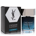 L'homme Le Parfum by YSL 3.4 oz men's cologne. Sleek dark blue bottle with silver cap, beside its elegant black YSL logo box.