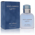 Dolce & Gabbana Light Blue Eau Intense men's 1.6 fl oz cologne. Elegant frosted blue bottle with silver accents and dark blue box.