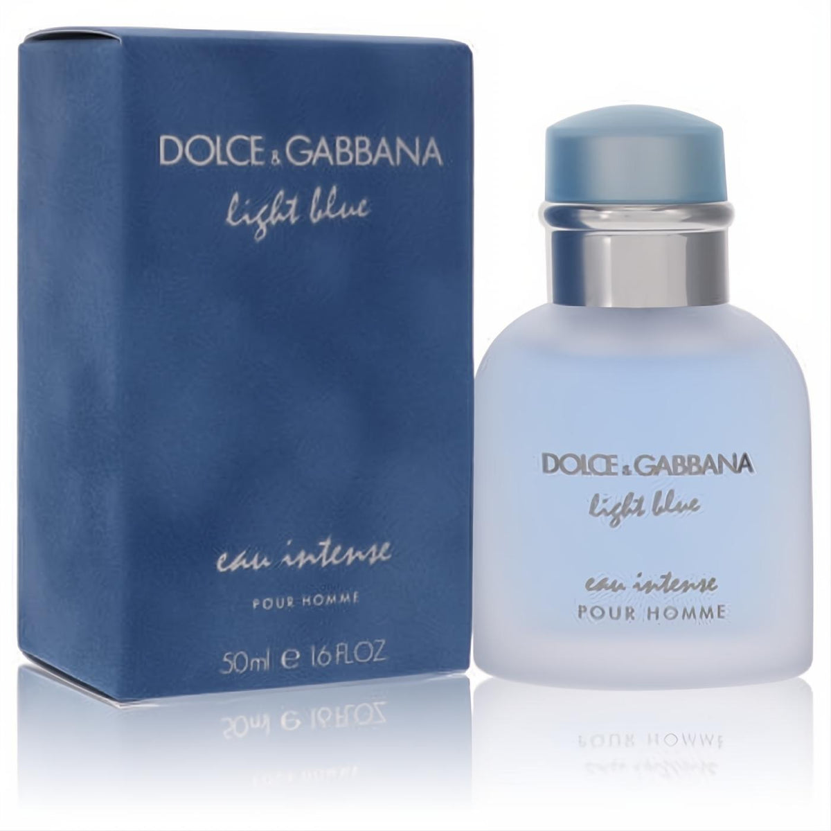Dolce & Gabbana Light Blue Eau Intense men's 1.6 fl oz cologne. Elegant frosted blue bottle with silver accents and dark blue box.