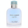 Experience D&G Light Blue Eau Intense 3.3 oz men's EDP. Frosted light blue bottle, sleek silver band, cool blue cap.