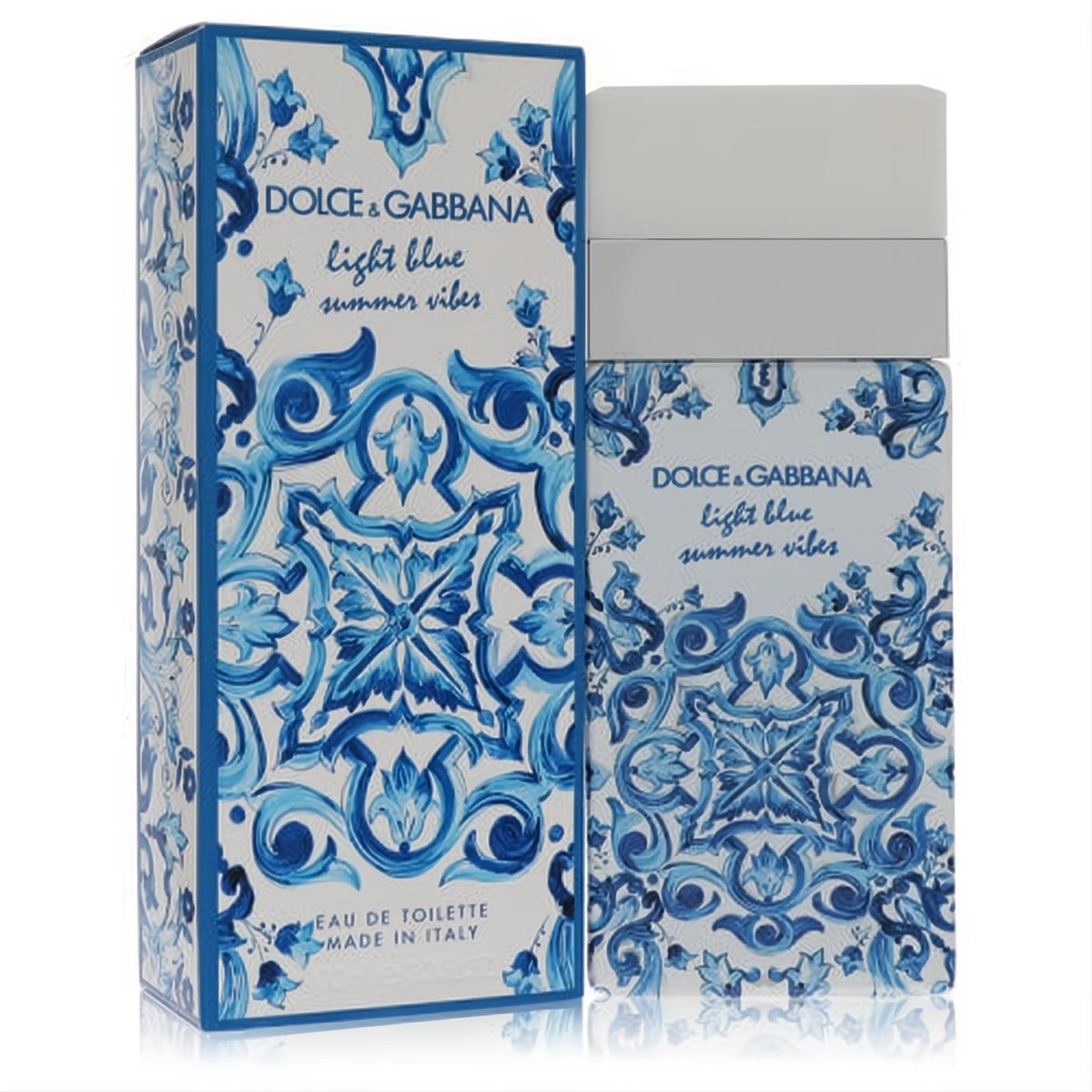 Dolce & Gabbana Light Blue Summer Vibes 3.4 oz EDT. Captivating blue & white Mediterranean tile design on bottle & box.
