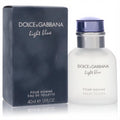Sophisticated Dolce & Gabbana Light Blue Pour Homme 1.3 oz EDT in frosted glass with sleek blue cap, next to its elegant dark blue box.