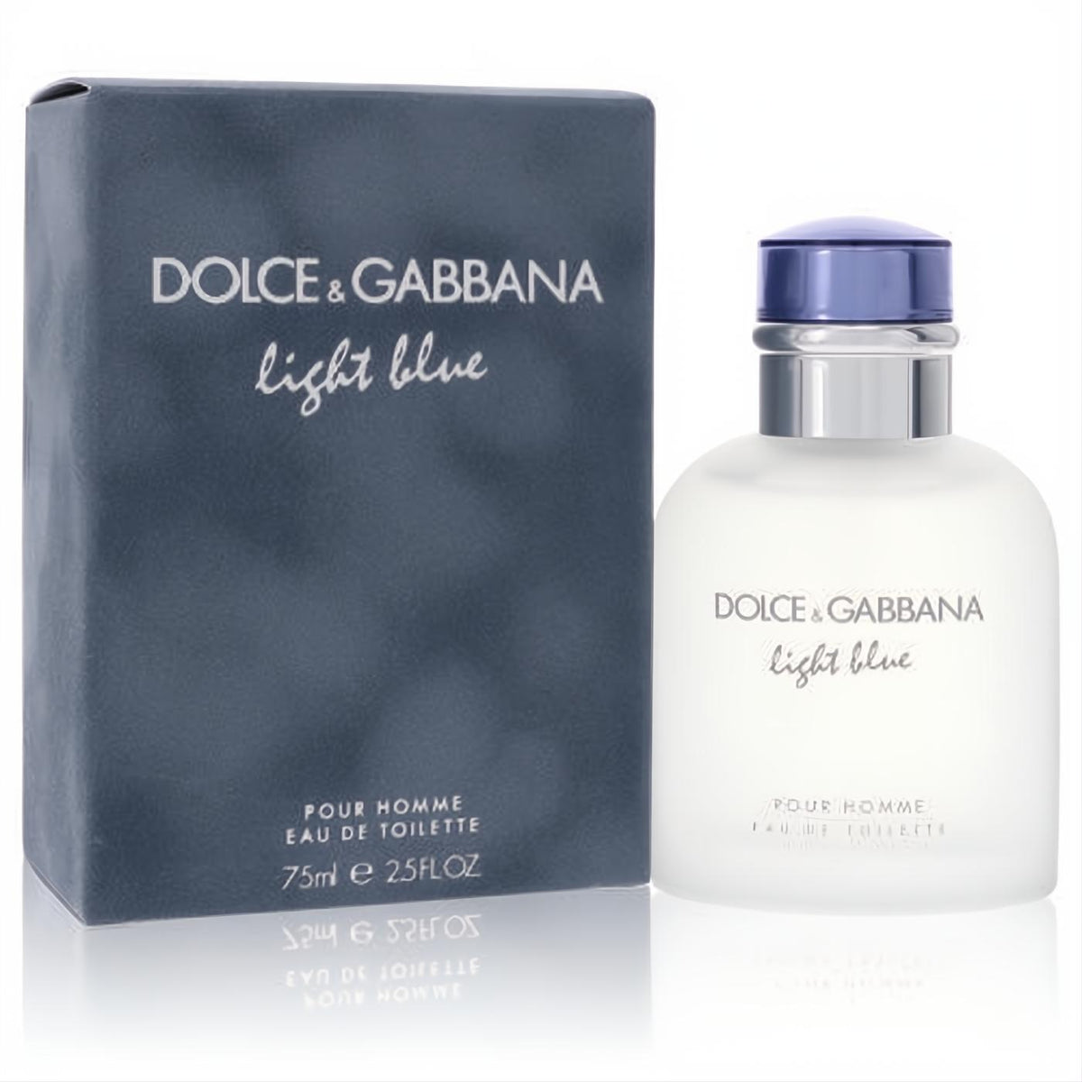 Elevate your style with Dolce & Gabbana Light Blue Pour Homme 2.5 oz EDT. Frosted bottle, light blue cap, and sleek matching box.