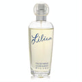 Elegant Lilian Barony Eau De Parfum for women. Clear glass bottle with pale yellow fragrance and signature blue "Lilian" script.