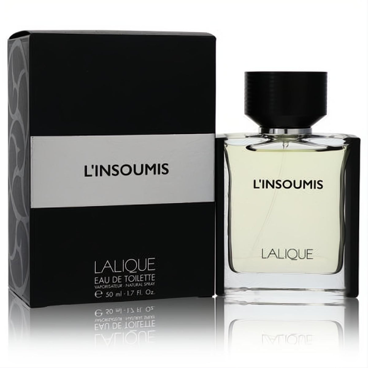 Lalique L'insoumis 1.7 oz EDT for men. Clear glass bottle, black cap, golden fragrance, and elegant black box.