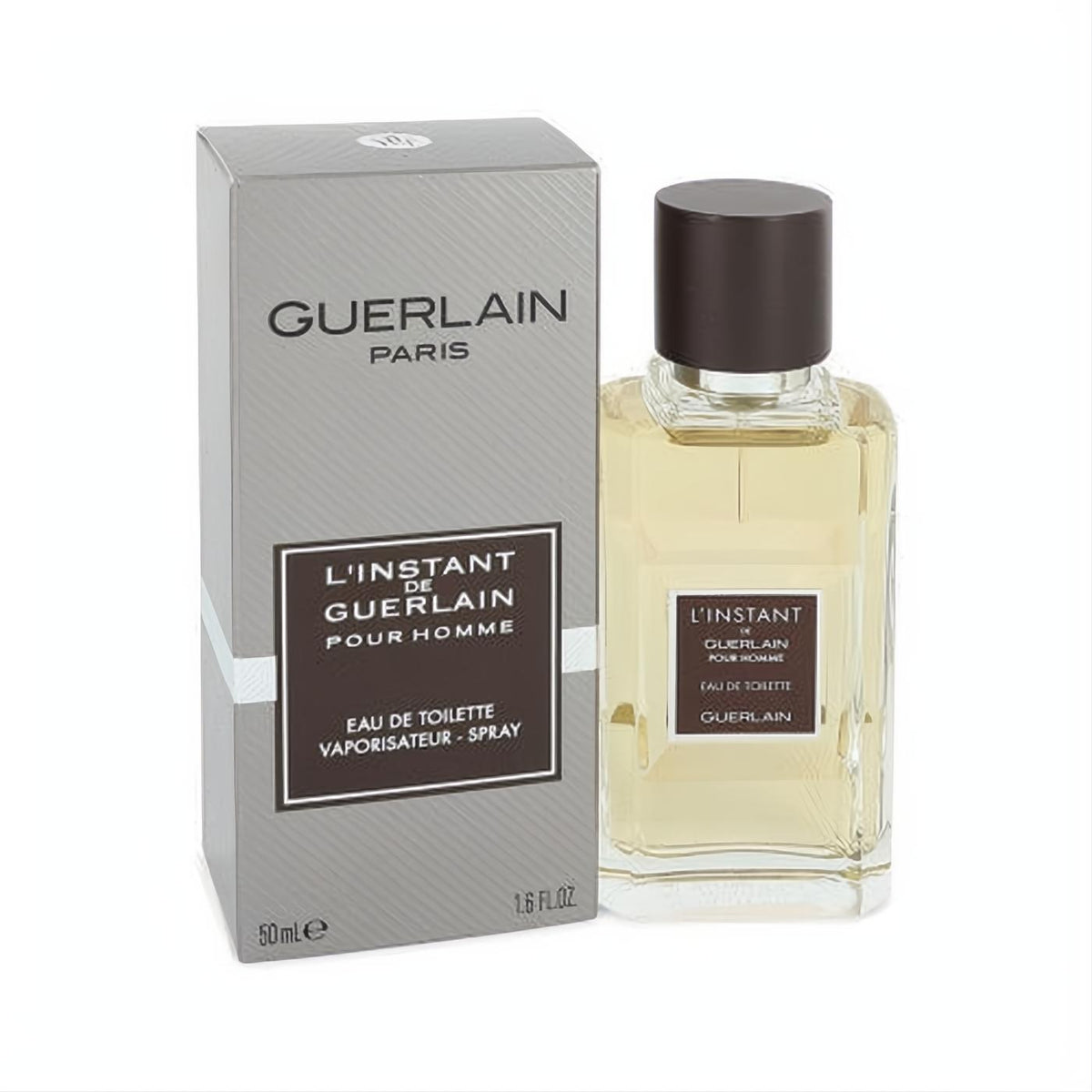 L'instant de Guerlain Pour Homme 1.6 oz EDT. Sophisticated clear glass bottle with amber fragrance and dark cap, alongside its sleek silver box.