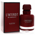 Givenchy L'Interdit Rouge Ultime 2.7 oz EDP. Bold deep red glass spray bottle with matching box, elegant silver text.