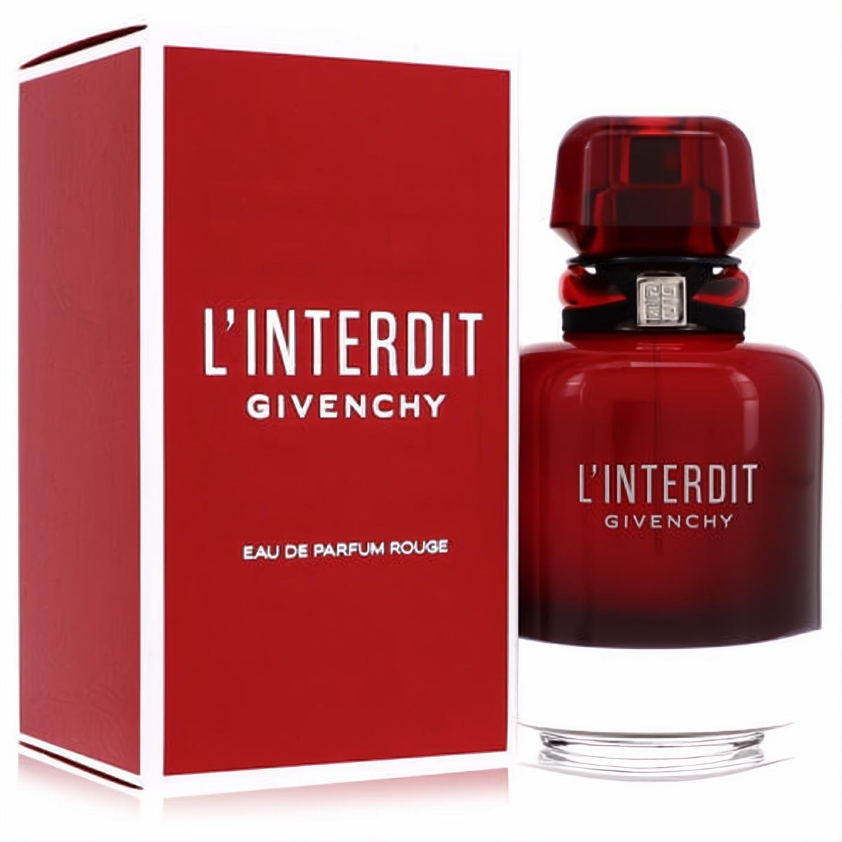 Captivating L'Interdit Rouge Givenchy Eau De Parfum in a bold red glass bottle with elegant black ribbon, beside its matching box.